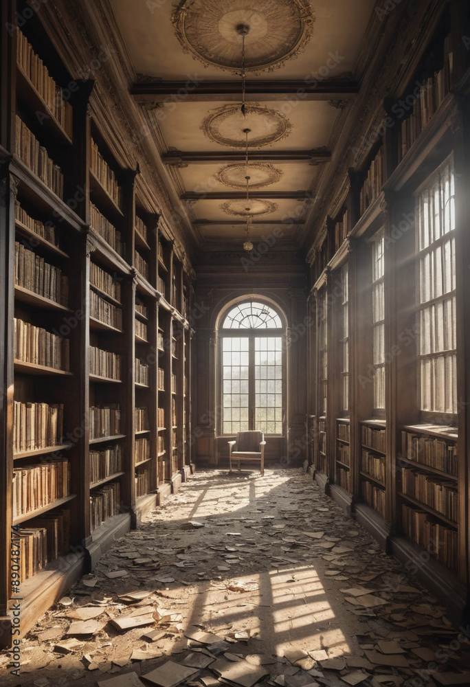 custom made wallpaper toronto digital An abandoned library with bookshelves overflowing with forgotten stories, illuminated by shafts of sunlight. 