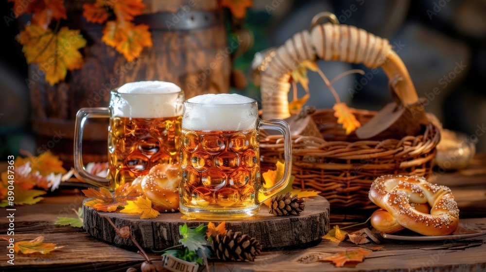 Oktoberfest celebration, beer steins and pretzels, Oktoberfest celebration, beer steins and pretzels,