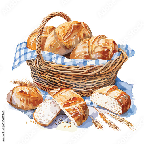 Freshly baked bread in a wicker basket with wheat. Homemade, rustic, bakery, bread making.