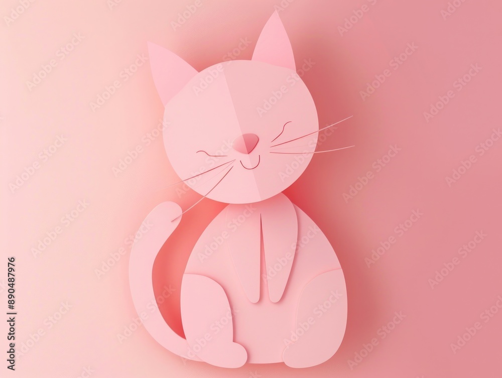 A paper cut of a cartoon cat with pink background, perfect for design and illustration needs