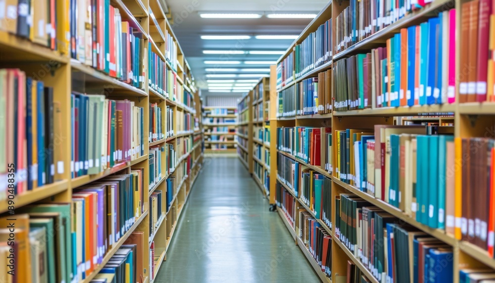 Bookshelves full of books in the library. Wooden shelves with huge pile of different books Bookshelves full of books in the library. Wooden shelves with huge pile of different books