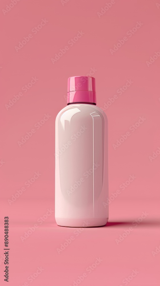 A bottle of pink liquid is sitting on a pink background A bottle of pink liquid is sitting on a pink background