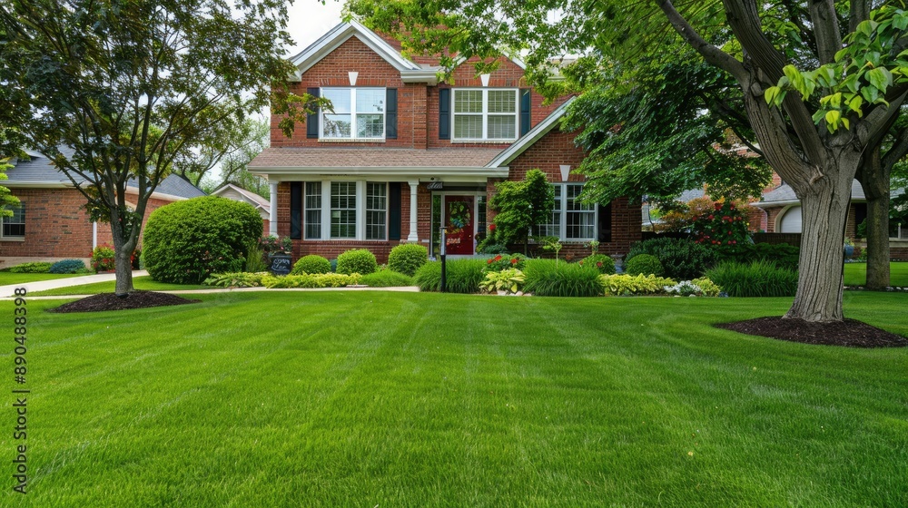 A quiet suburban street with a brick house on the right side, lined with mature trees casting shade on the lush lawns, sunlight filtering through the leaves A quiet suburban street with a brick house on the right side, lined with mature trees casting shade on the lush lawns, sunlight filtering through the leaves
