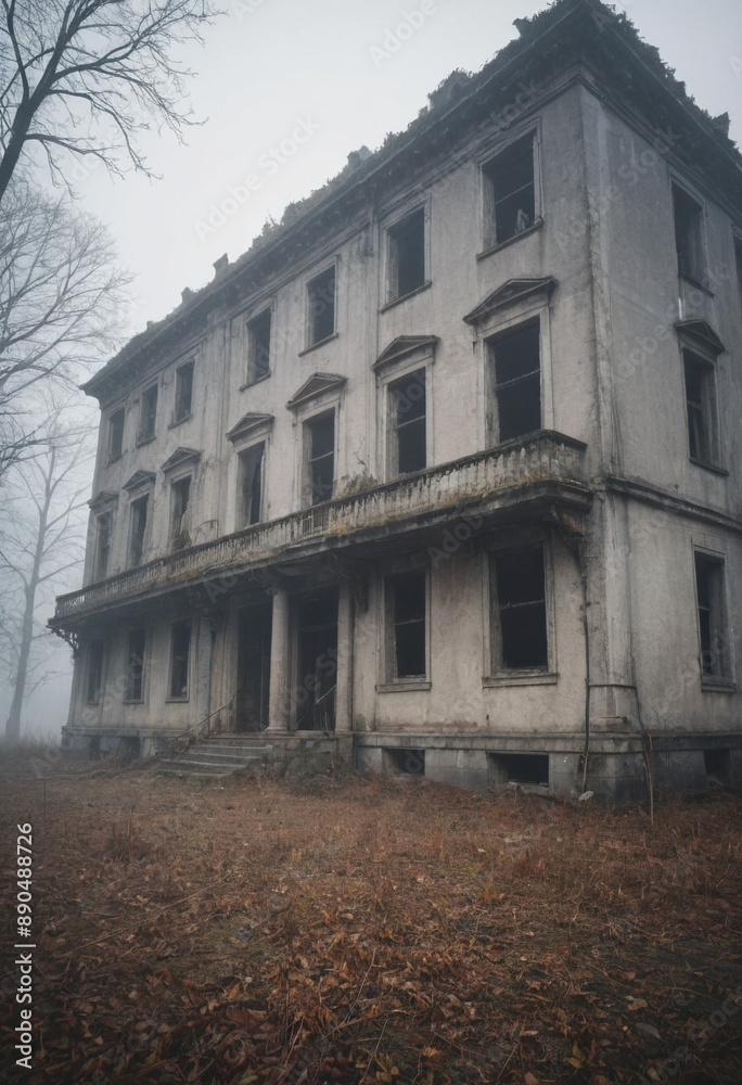 An abandoned building shrouded in mist, creating an eerie atmosphere. An abandoned building shrouded in mist, creating an eerie atmosphere.