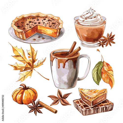 Fall Treats. Pumpkin Pie, Hot Chocolate & Autumn Leaves