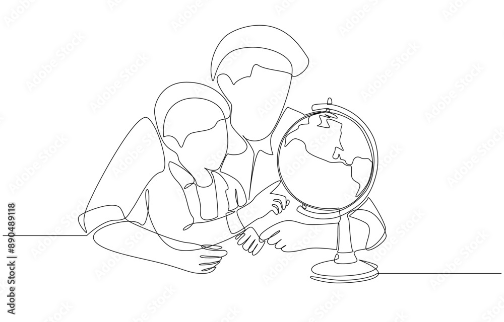 Continuous one line drawing of father and son exploring map on globe, raising and educating children concept, single line art.