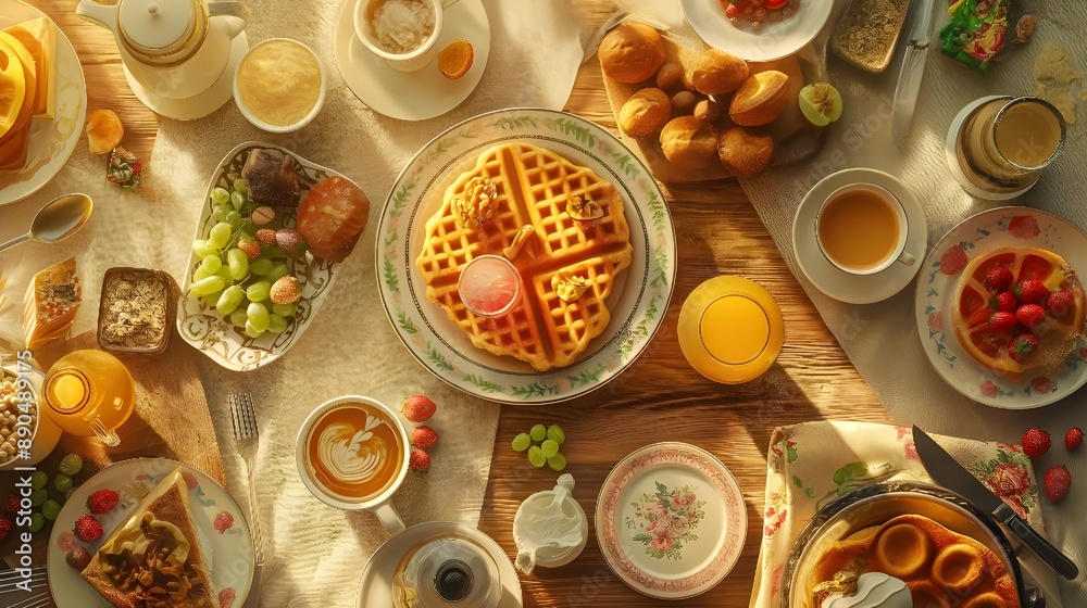 breakfast table filled with a variety of foods. Freshly baked bread, scrambled eggs, crispy bacon, food table breakfast table filled with a variety of foods. Freshly baked bread, scrambled eggs, crispy bacon, food table
