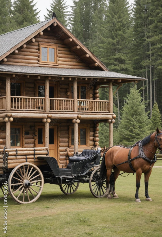 A log cabin built by American pioneers, with a horse-drawn carriage parked outside. A log cabin built by American pioneers, with a horse-drawn carriage parked outside.