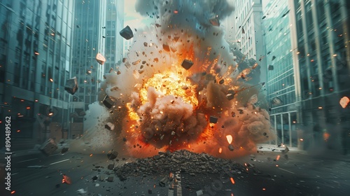Fototapeta Naklejka Na Ścianę i Meble -  A large explosion in a city with a lot of debris and smoke. Scene is chaotic and destructive