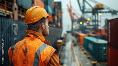 A logistics specialist overseeing the loading of goods onto a cargo ship at a port The image captures the scale and complexity of maritime logistics operations, highlighting the critical role of
