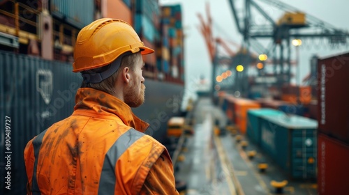 A logistics specialist overseeing the loading of goods onto a cargo ship at a port The image captures the scale and complexity of maritime logistics operations, highlighting the critical role of © Thanyaporn