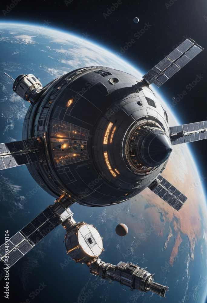 A futuristic space station orbiting a distant planet. A futuristic space station orbiting a distant planet.
