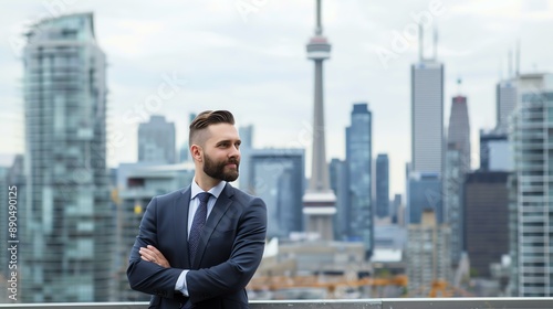 Confident businessman standing on a rooftop in a major city, looking out at the view with his arms crossed. © Berivan