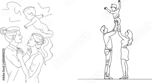 Wallpaper Mural Drawing of a young woman hugging her handsome husband whilst holding their cute daughter. Happy family concept. Single line drawing design modern illustration. Torontodigital.ca