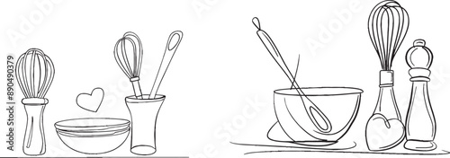 A continuous one-line illustration of kitchen tools.