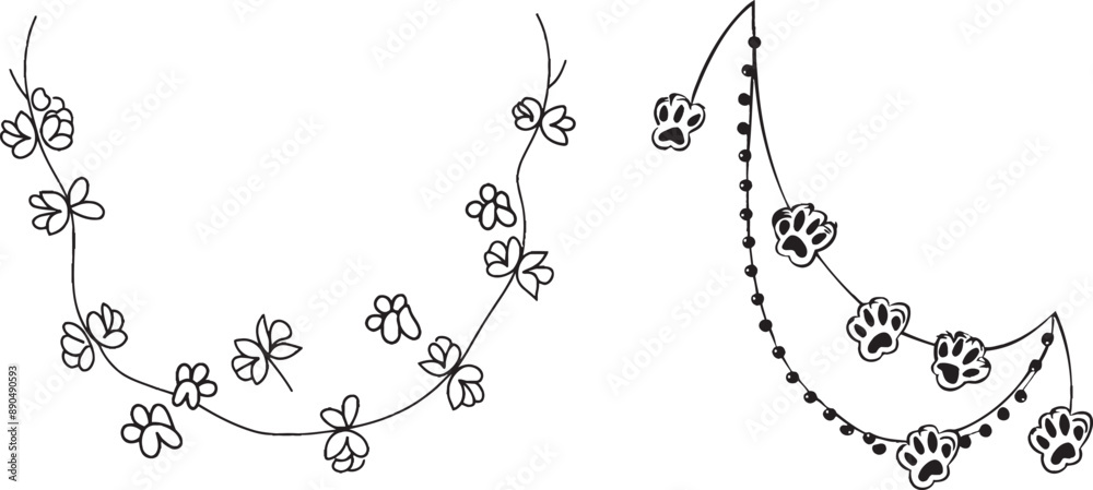 Animal footprints drawing with one line. Cat or dog paw print design with continuous line pattern. Animal footprints drawing with one line. Cat or dog paw print design with continuous line pattern.