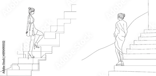 Woman climbing stairs continuous one-line drawing. Business and education concept.