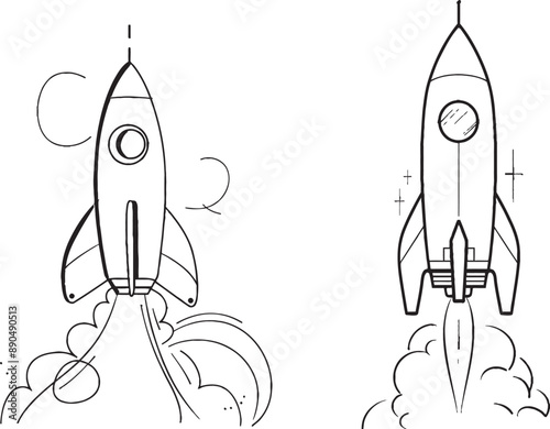 In this single line illustration, a retro spaceship flies upwards. A rocket launches it into space. Illustrated using a single line drawing.