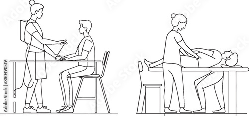 Image of an X-ray machine taking an image. Image of a health care check-up with radiology equipment. Image of a people diagnosis in a hospital.