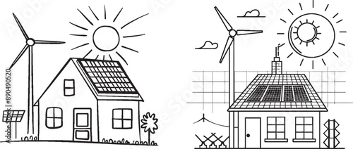 A continuous one line icon of a wind turbine, a solar panel, and a sun in doodle style. The energy of the sun and the ecology of the house are combined in this modern illustration.