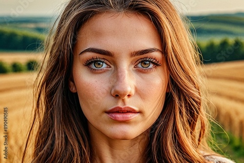 Closeup of a mid 20s Hungarian woman walking through a field