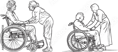 Single line art illustration on transparent background of a woman in wheelchair with a nurse.