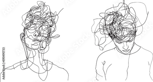 In doodle style, one line drawing of man's head with messy thoughts worried about mental health. Stress, headache, grief and problems concept.