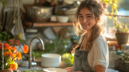 A young woman in a casual apron smiles while washing dishes in a sunny, plant-filled kitchen. © YURY YUTY