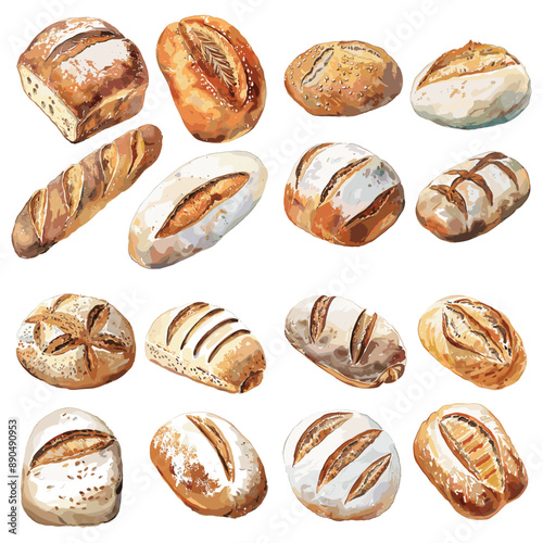 Set of Freshly Baked Bread Watercolor Illustration