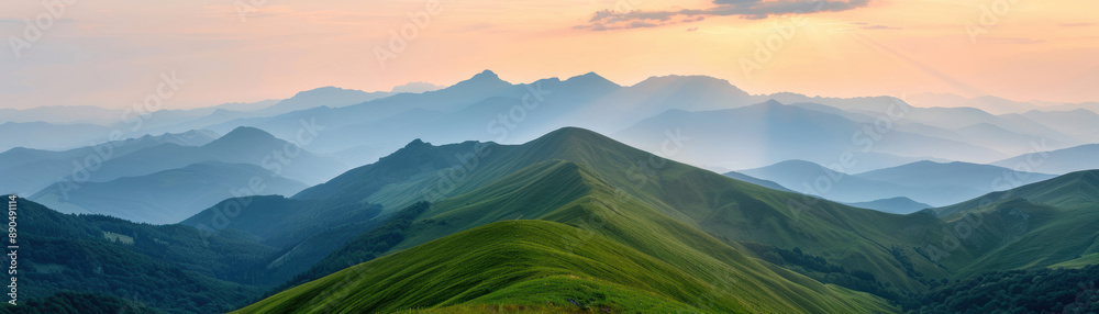 Stunning panoramic view of mountains during sunrise, layered with green hills and glowing sunlight, creating a serene and breathtaking landscape. Stunning panoramic view of mountains during sunrise, layered with green hills and glowing sunlight, creating a serene and breathtaking landscape.