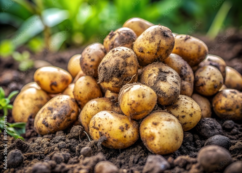 a pile of freshly harvested new potatoes, still with dirt on the surface a pile of freshly harvested new potatoes, still with dirt on the surface