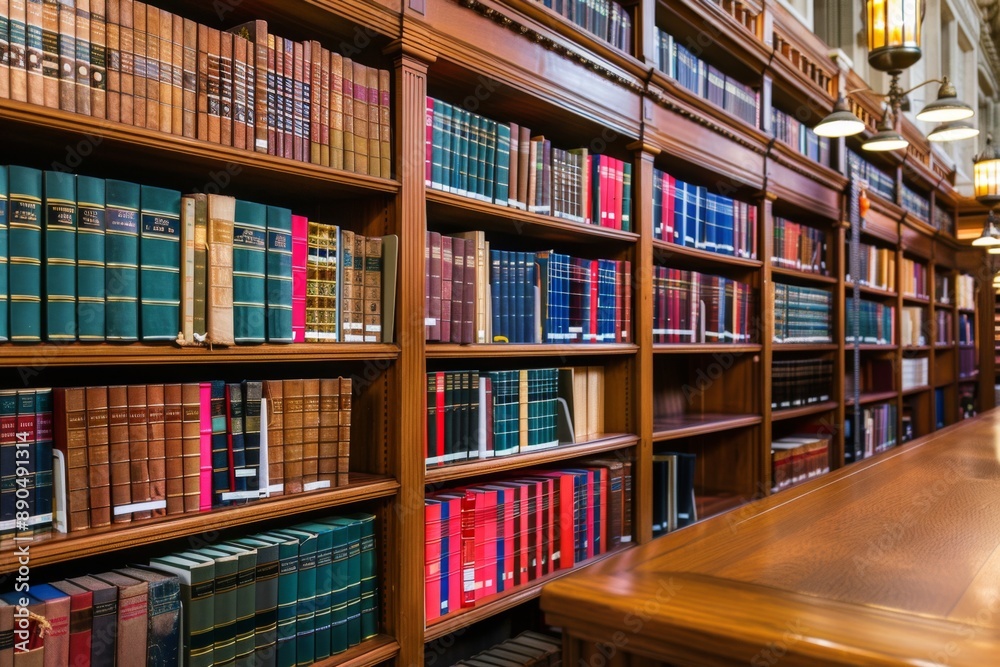 Bookshelves full of books in the library. Wooden shelves with huge pile of different books Bookshelves full of books in the library. Wooden shelves with huge pile of different books