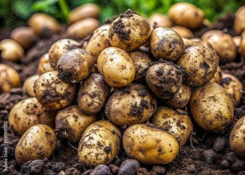 a pile of freshly harvested new potatoes, still with dirt on the surface