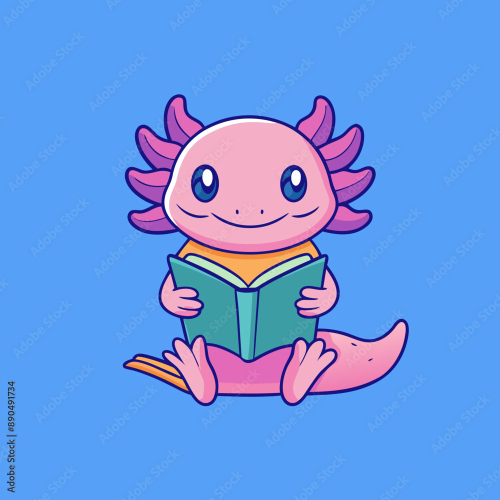 The character is a pink aquarium axolotl sits with a book The character is a pink aquarium axolotl sits with a book