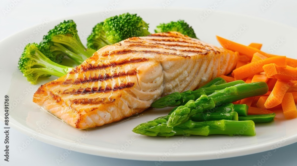 Grilled salmon with broccoli, asparagus, and carrots on a white plate. Grilled salmon with broccoli, asparagus, and carrots on a white plate.