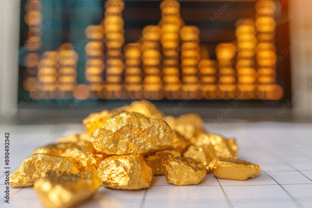 Close-up of gold nuggets in front of a financial chart, symbolizing wealth and investment opportunities in the precious metals market.