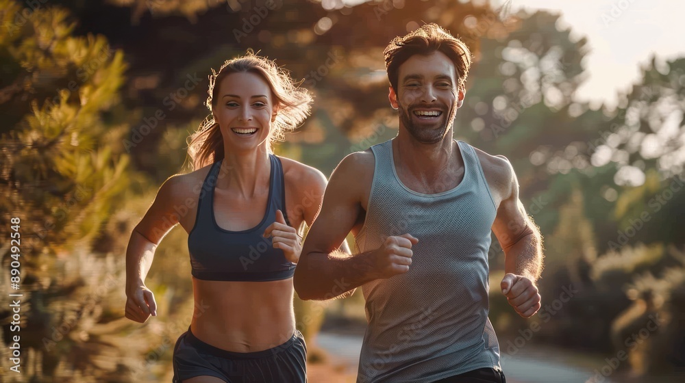 A happy couple running outdoors, they are wearing sports outfits, A happy couple running outdoors, they are wearing sports outfits,
