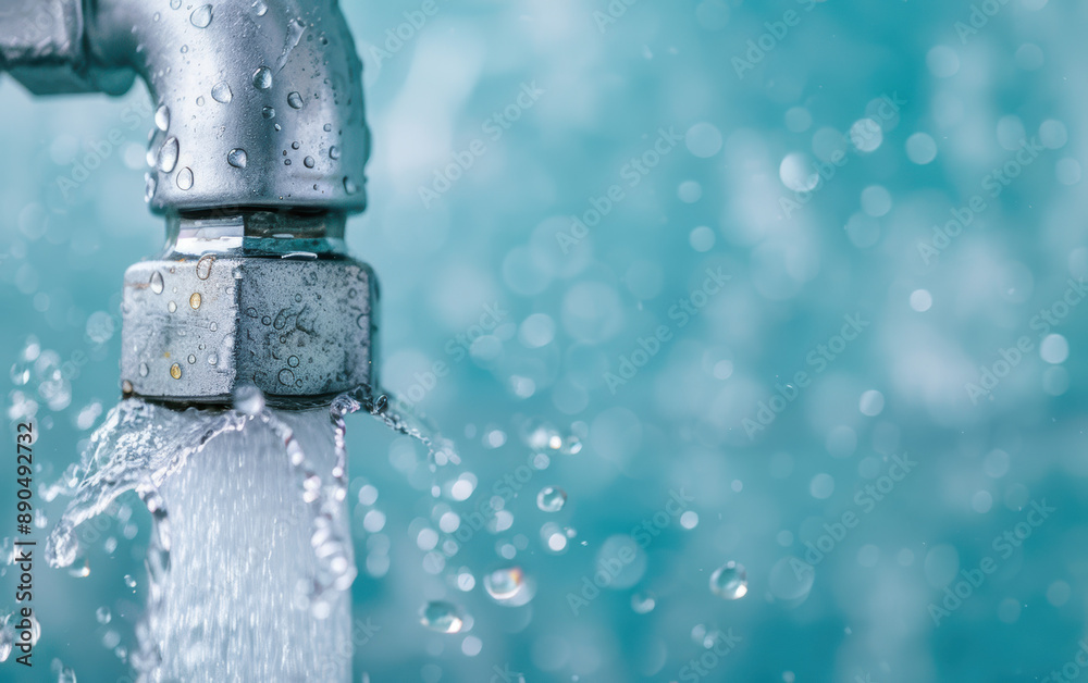 Close-up of a leaky metal pipe with water droplets and splashes against a blurred blue background, capturing the concept of water leakage and plumbing issues. Close-up of a leaky metal pipe with water droplets and splashes against a blurred blue background, capturing the concept of water leakage and plumbing issues.