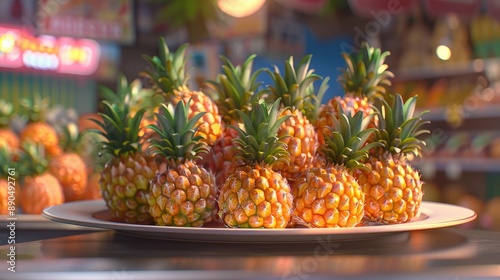 Heap of pineapple on plate at market stall photo