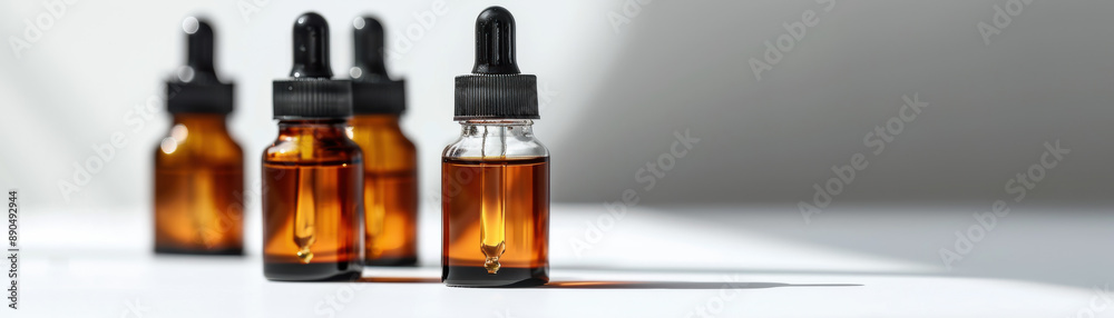 Close-up of amber dropper bottles with liquid, arranged on a white surface with a minimalist background, ideal for healthcare or beauty use. Close-up of amber dropper bottles with liquid, arranged on a white surface with a minimalist background, ideal for healthcare or beauty use.