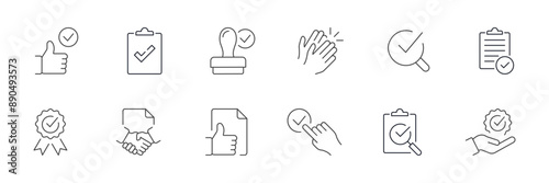 Vector set of approved line icons. accepted document, approved, checklist, warranty, stamp, quality control and more. Pixel perfect.