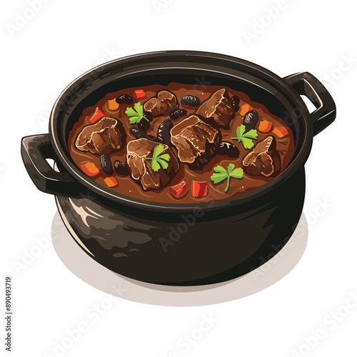 Beef stew in a black pot with vegetables and herbs