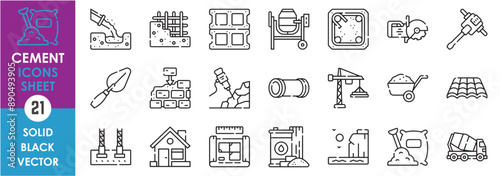 A set of line icons related to cement. Construction, concrete, mixing, jackhammer, foundation, blocks, pipes, roofing, wall, house, limestone, and so on. Vector outline icons set.