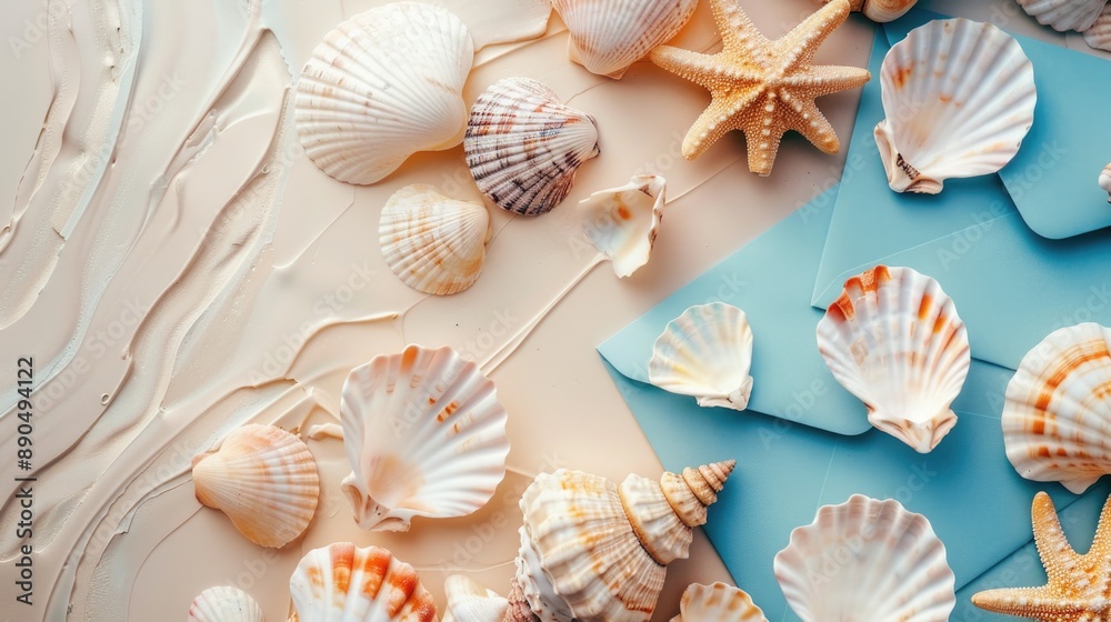 Seashells and starfish adorn a blue envelope, perfect for beach-themed designs Seashells and starfish adorn a blue envelope, perfect for beach-themed designs
