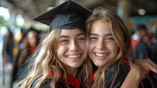 Friends in graduation gowns hugging and smiling, with a backdrop of their school building and fellow graduates celebrating around them.