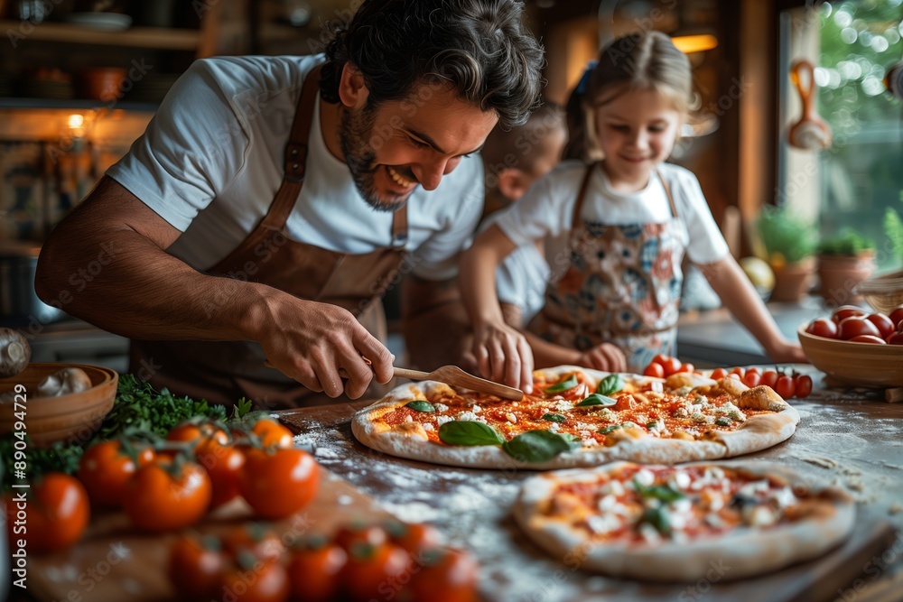 Smiling Dad Cutting Freshly Baked Pizza With Kids in Rustic Kitchen Smiling Dad Cutting Freshly Baked Pizza With Kids in Rustic Kitchen