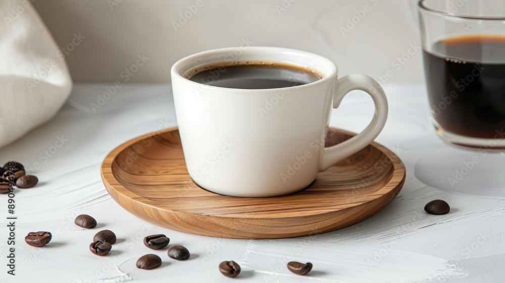 Cup of Black Coffee with Coffee Beans on Wooden Saucer Cup of Black Coffee with Coffee Beans on Wooden Saucer