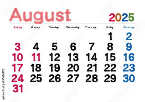 2025年8月の刺繍文字風カレンダー日曜始まり
