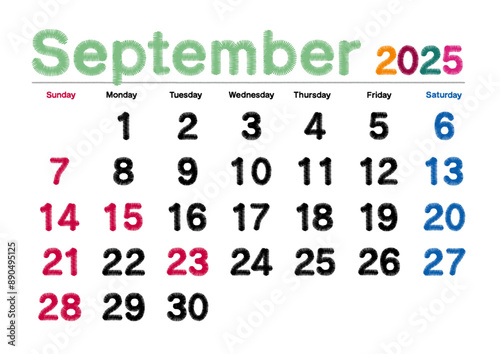 2025年9月の刺繍文字風カレンダー日曜始まり
