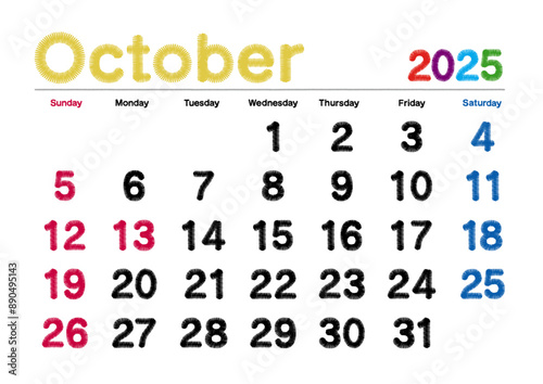 2025年10月の刺繍文字風カレンダー日曜始まり
